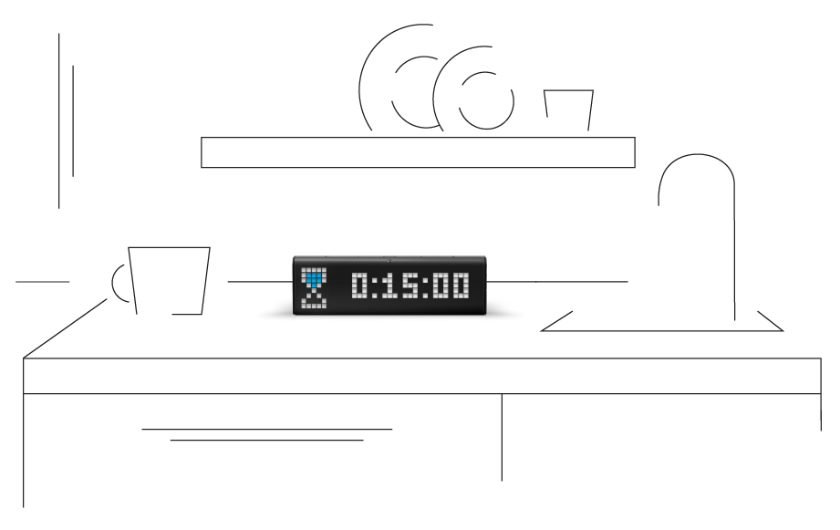 LaMetric Time digital clock, placed on the kitchen table, shows the time countdown