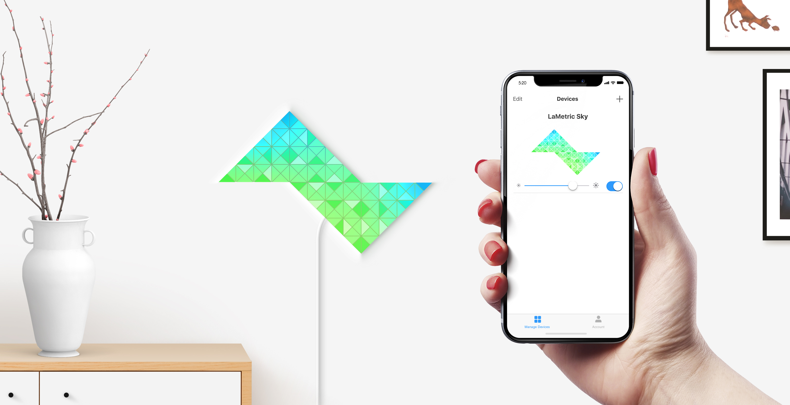 Inversion shape, assembled from 2 smart light surfaces, complements room interior and iPhone shows ability to change brightness