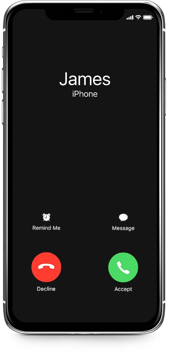 An iPhone shows the incoming phone call from James and displays it on the LaMetric Time smart clock