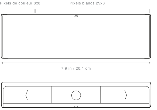 LaMetric Time tech specs, which shows its' length and separation for colorful and white pixels