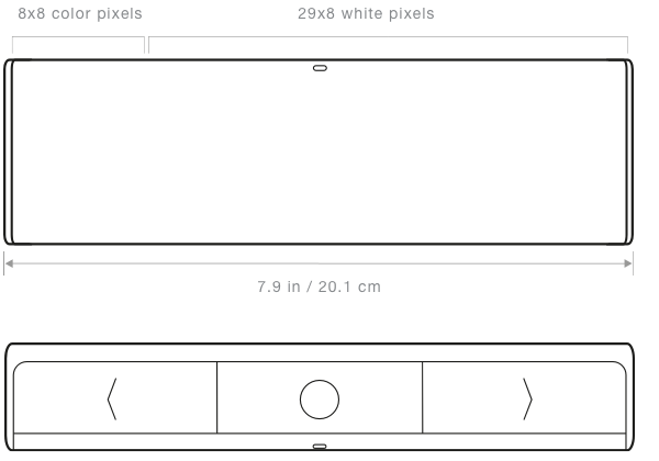 LaMetric Time tech specs, which shows its' length and separation for colorful and white pixels