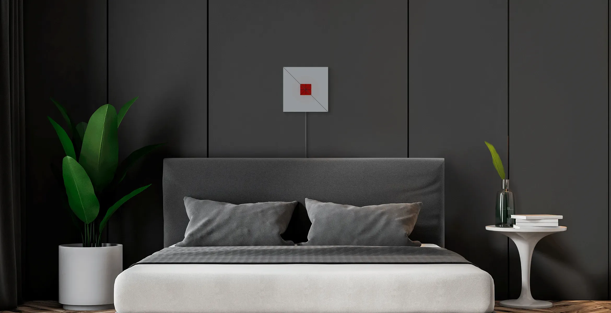 SKY face shape, assembled from 4 smart light surfaces, displays a heart light effect and complements bedroom's interior