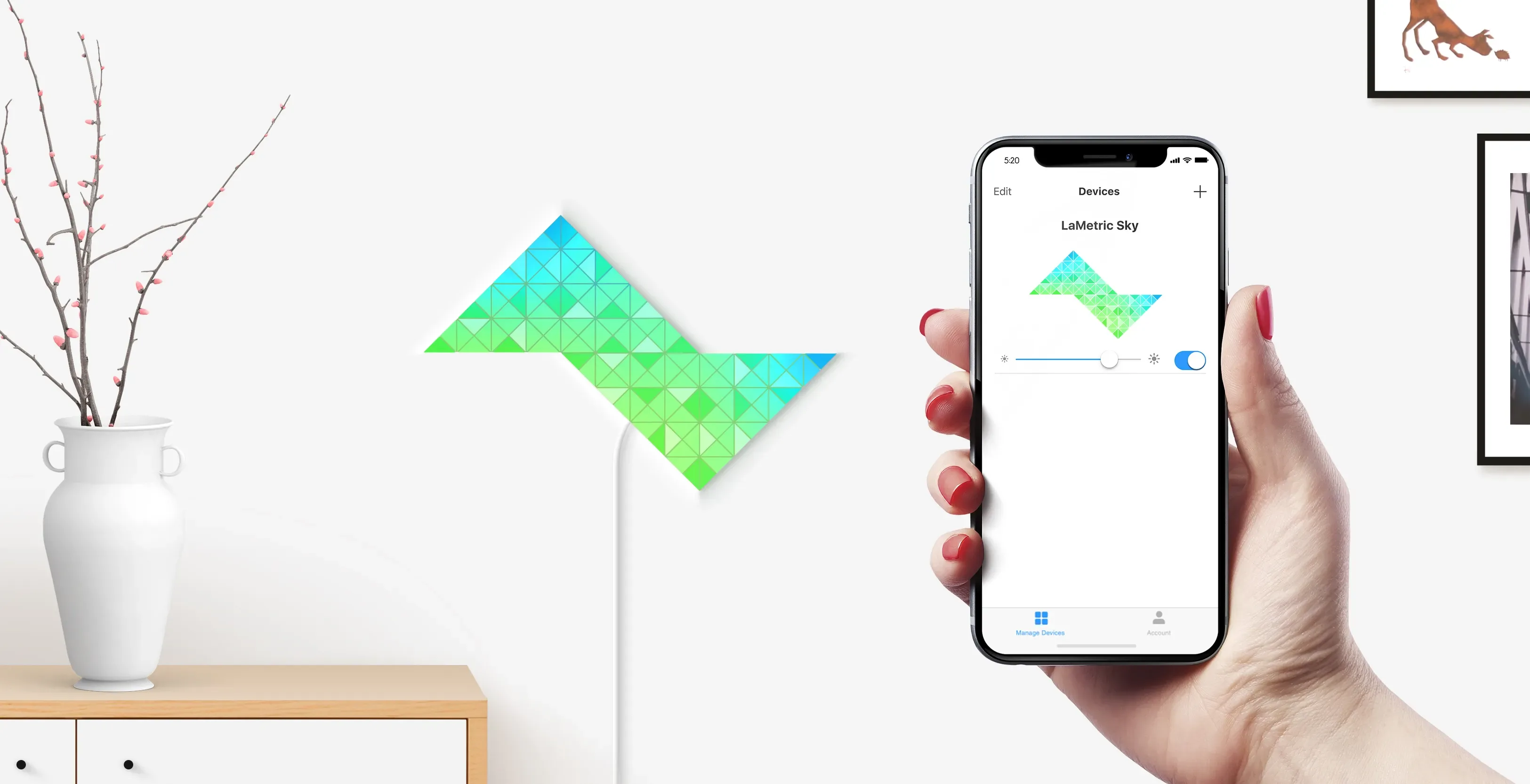 Inversion shape, assembled from 2 smart light surfaces, complements room interior and iPhone shows ability to change brightness