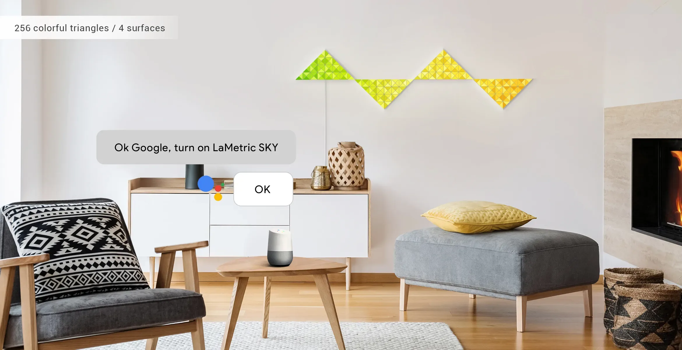 Voice control of LaMetric SKY smart light surfaces, assembled into the reflection shape, via Google Assistant