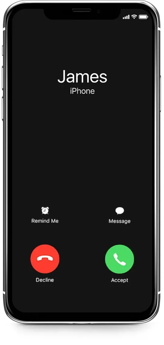 An iPhone shows the incoming phone call from James and displays it on the LaMetric Time smart clock